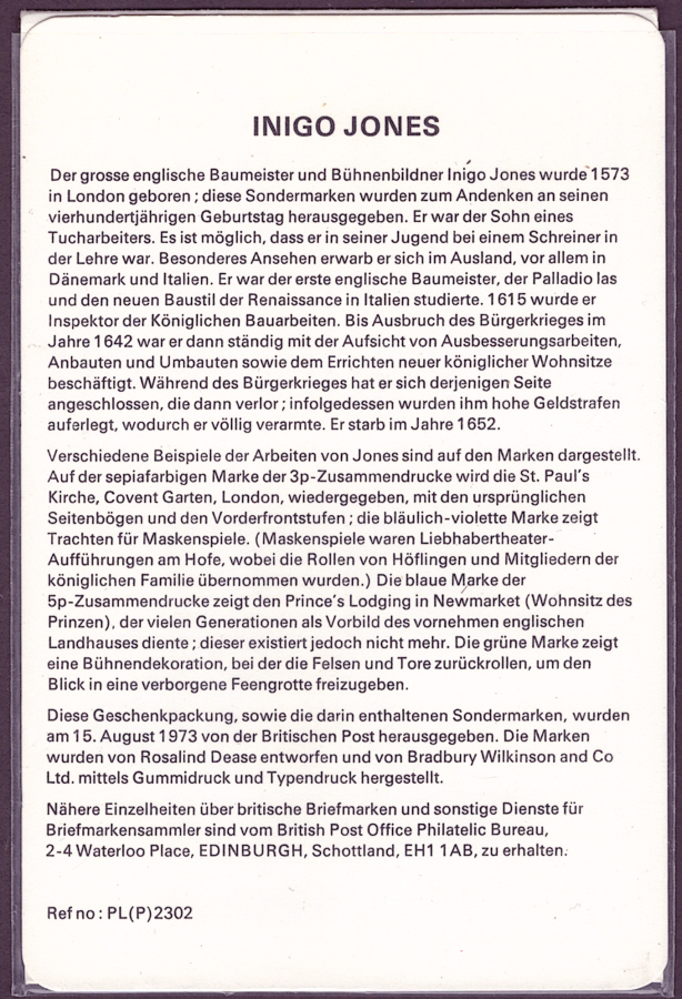 1973 German Insert Inigo Jones Royal Mail Presentation Pack 53 (image for) 1973 German Insert Inigo Jones Royal Mail Presentation Pack 53